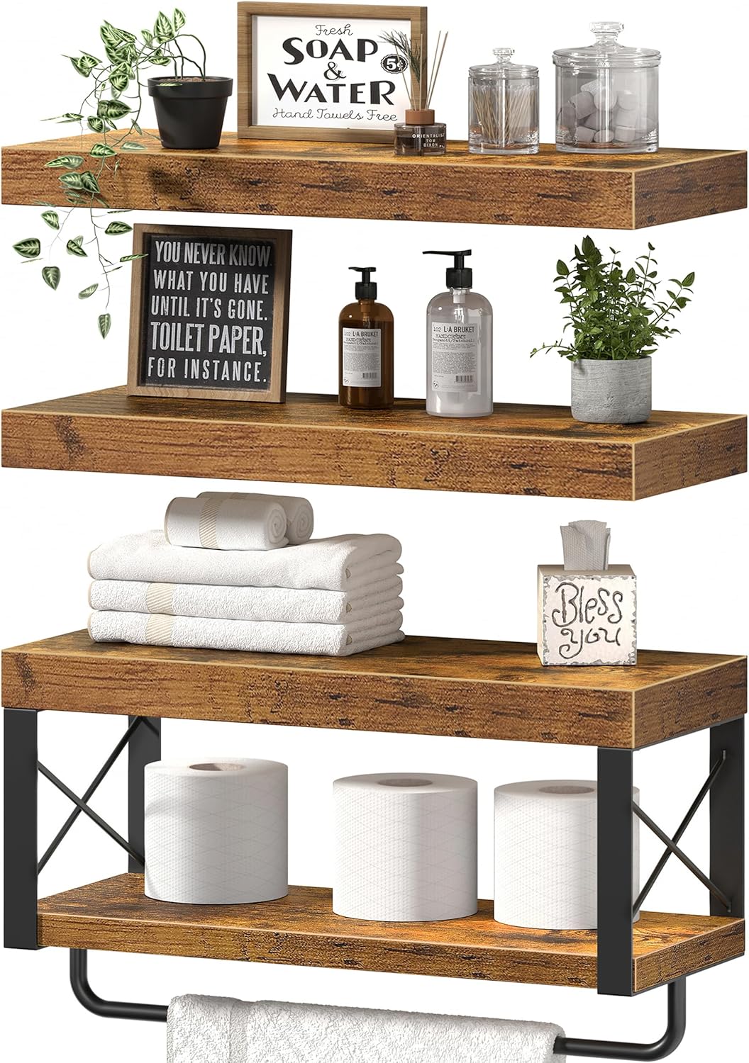 QEEIG Bathroom Shelves Over Toilet - Rustic Floating Shelf Set for Toilet Paper Storage | 16 Inch, Brown