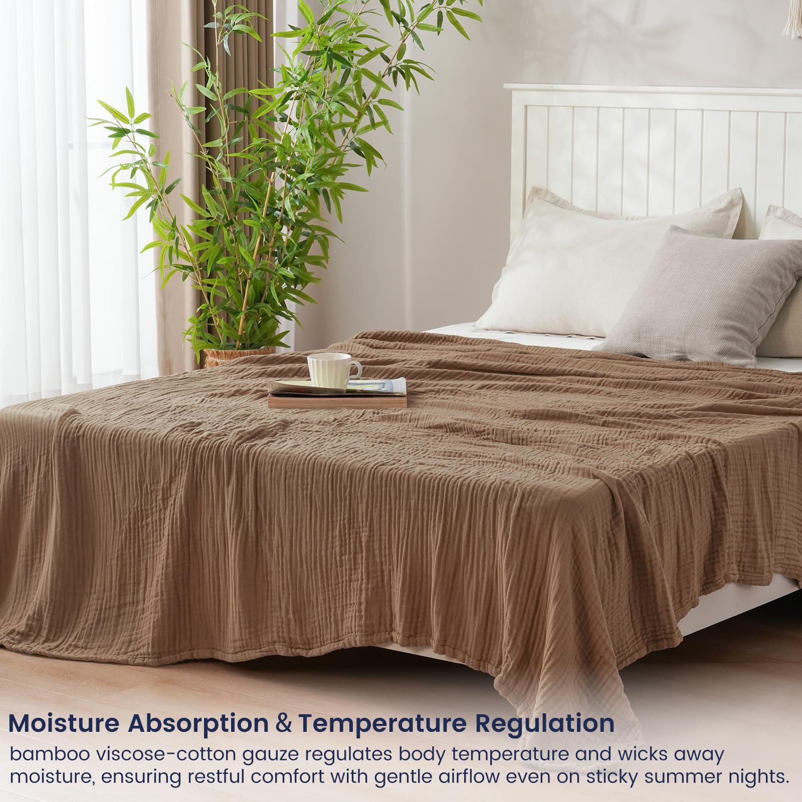 PHF Cooling Muslin Queen Blanket for Hot Sleepers, 60% Rayon Derived from Bamboo, 40% Cotton for Summer, 4-Layer Breathable Gauze Blanket for Bed Couch, 90"x90", Brown