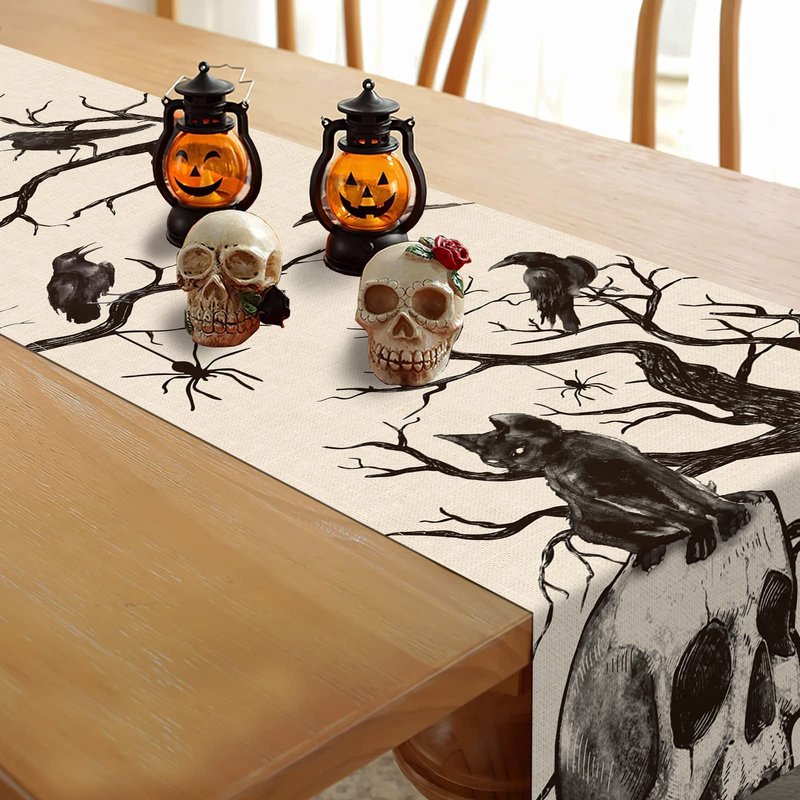 Seliem Halloween Gothic Skull Black Cat Crows Table Runner, Silhouette Tree Branches Spider Kitchen Dining Table Decor, Scary Holiday Home Decoration Indoor Outdoor Party Supply 13 x 108 Inches