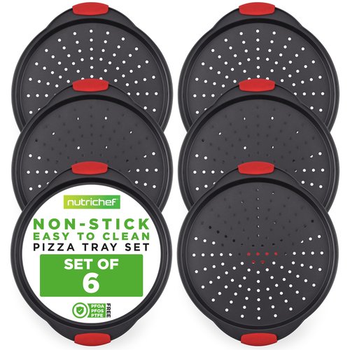 Nutrichef Non-Stick Pizza Tray with Silicone Handles, 6-Pack Round Steel Non-Stick Pans with Perforated Holes, Premium Bakeware, Pizza Trays with Silicone and Oversized Handles, Dishwasher Safe
