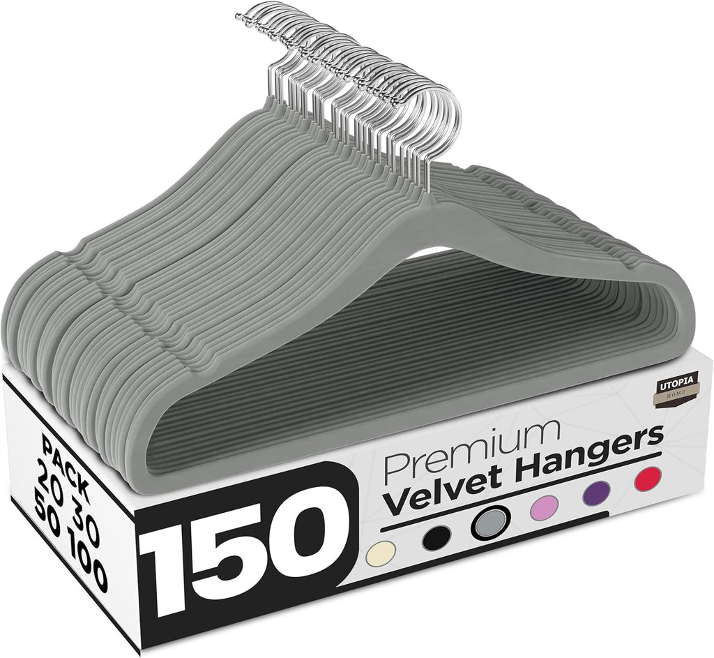 Utopia Home Velvet Hangers - 150 Pack Luxury Non-Slip Slim Coat & Pant Hangers | Strong Space-Saving Design - Grey