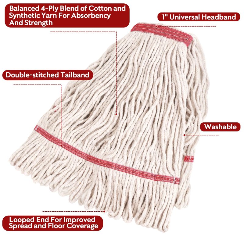 Matthew Cleaning Pack of 12 Heavy Duty Commercial White Mop Head Replacement for General and Floor Cleaning,Wet Industrial Blend Cotton Looped End String Head Refill