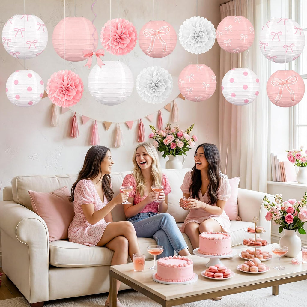 Skiennix 15Pcs Pink Bow Paper Lanterns - Birthday Party Decorations for Girls & Baby Showers