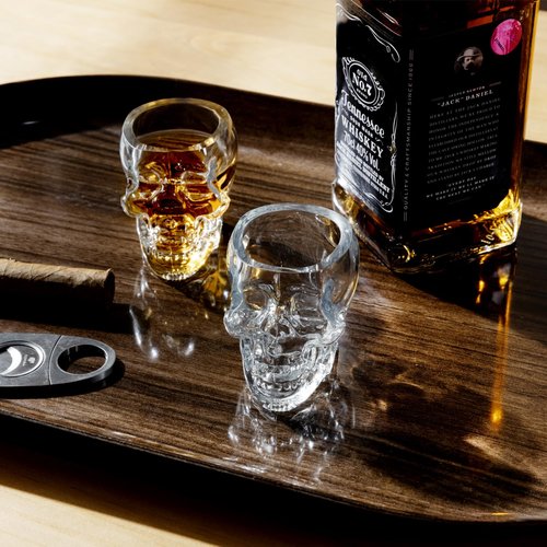 MyGift Set of 6 Skull Shot Glasses – 2.8 oz Clear Glass Novelty Drinkware for Halloween Parties, Cocktail Bars & Home Decor – Spooky 3D Skull Design
