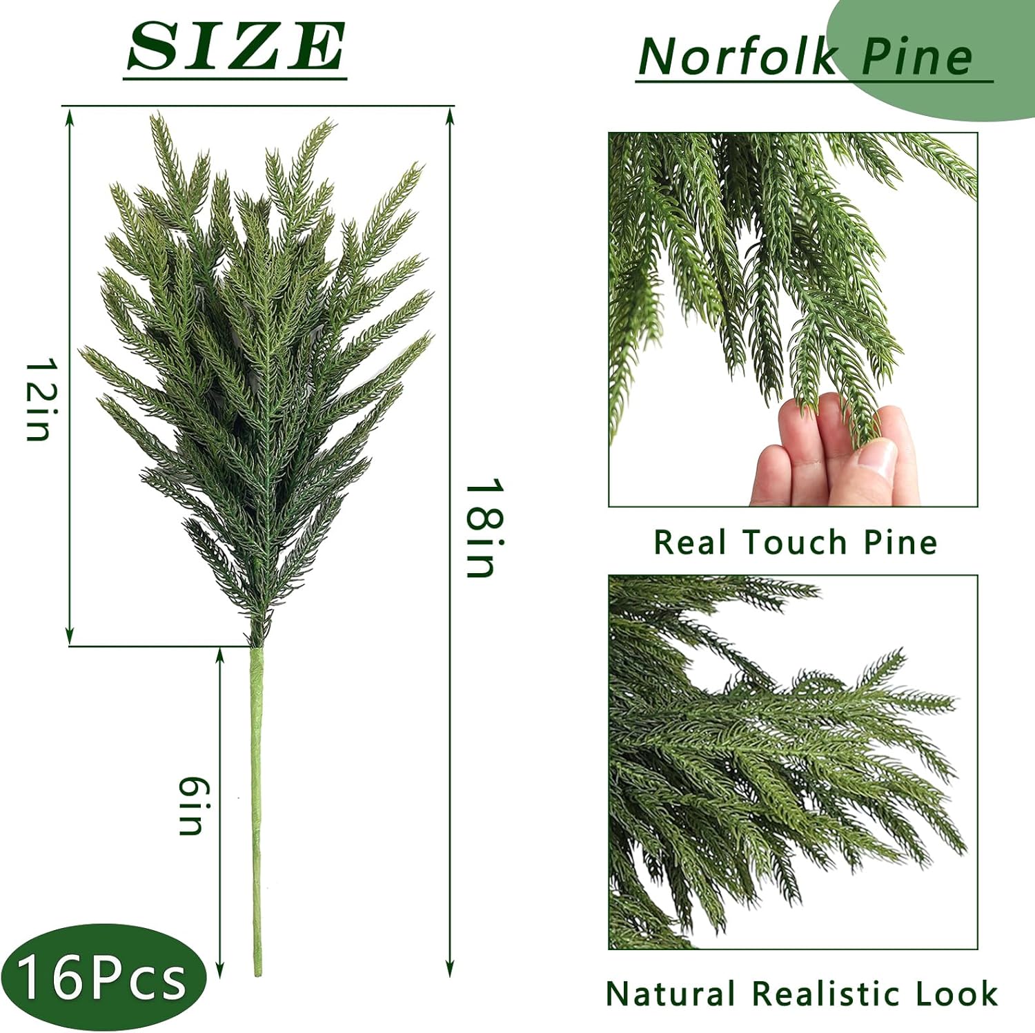 Norfolk Pine Branches - 16 Pcs Real Touch Faux Greenery Stems for DIY Crafts & Holiday Decor | 18”