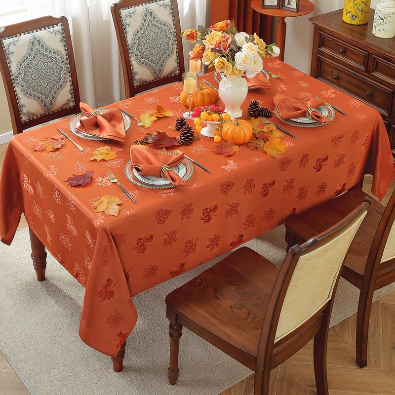 Honellaty Thanksgiving Tablecloth Rectangle, Spillproof Heavy Duty Fabric Jacquard Table Cloth with Maple Leaves for Fall Autumn, Harvest Holidays(Rectangle,60"x102",Rust)