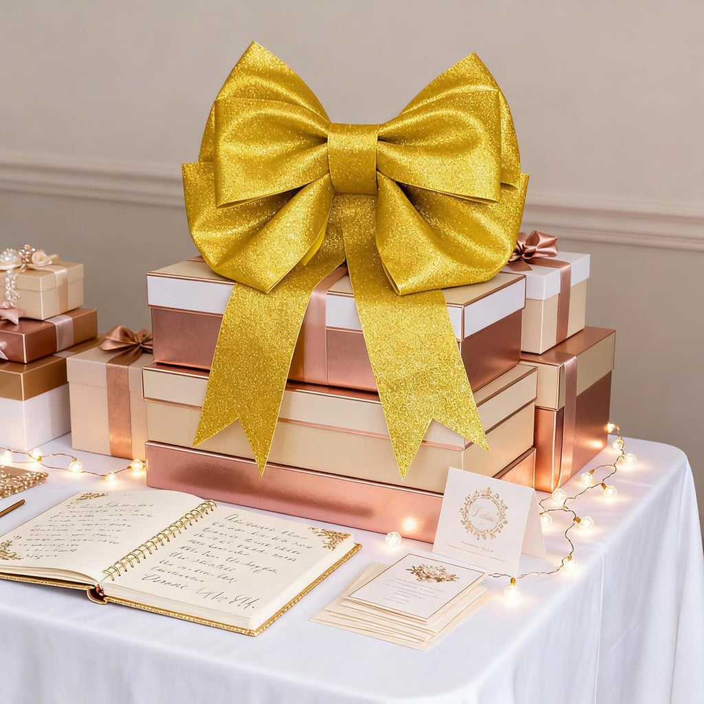 Skiennix Giant Bows - 20"x24" Gold Glitter Decorative Bows for Weddings, Parties & Gifts