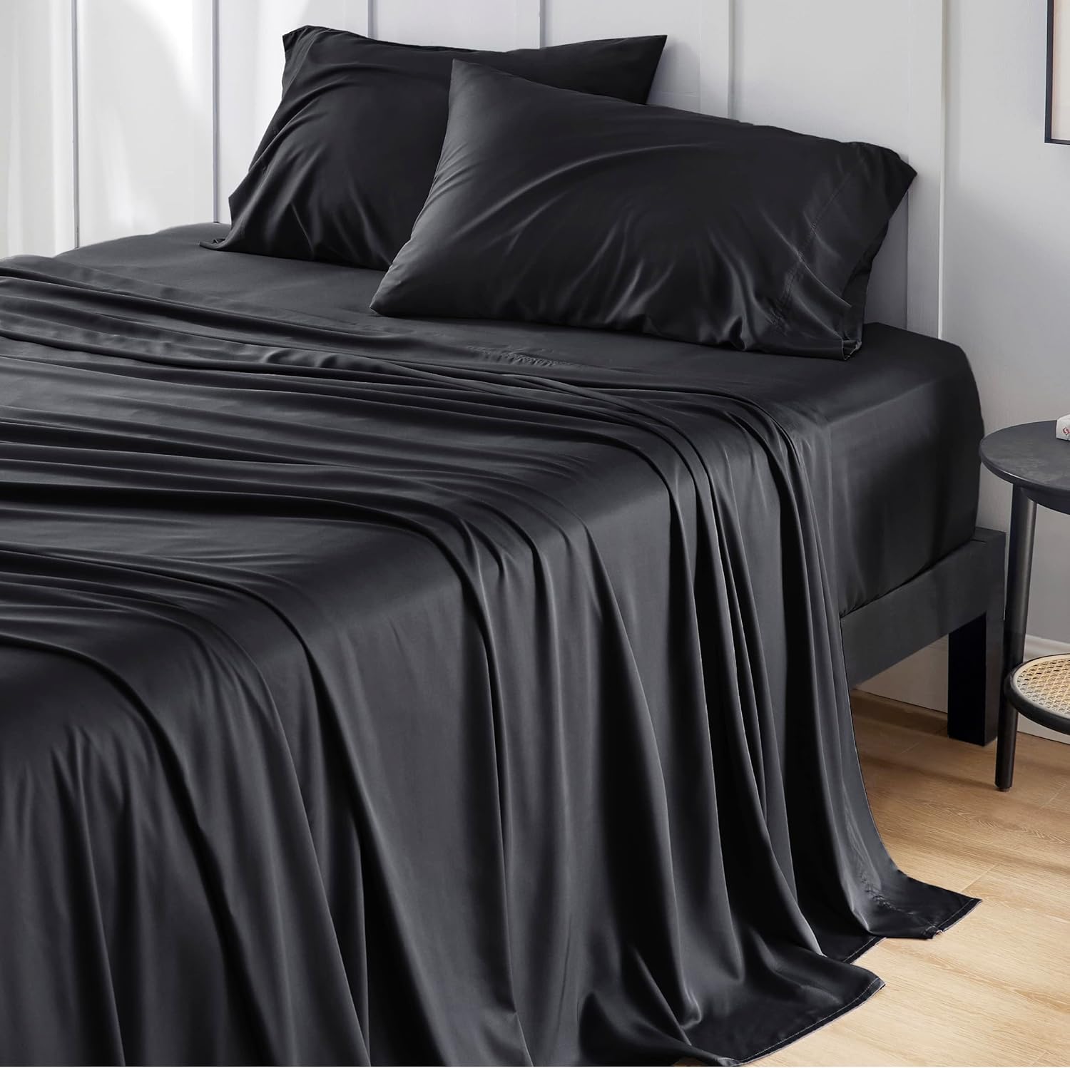 PureWoven King Size Sheet Set - Cooling Bamboo Rayon Sheets | Soft, Breathable Luxury Bedding in Black