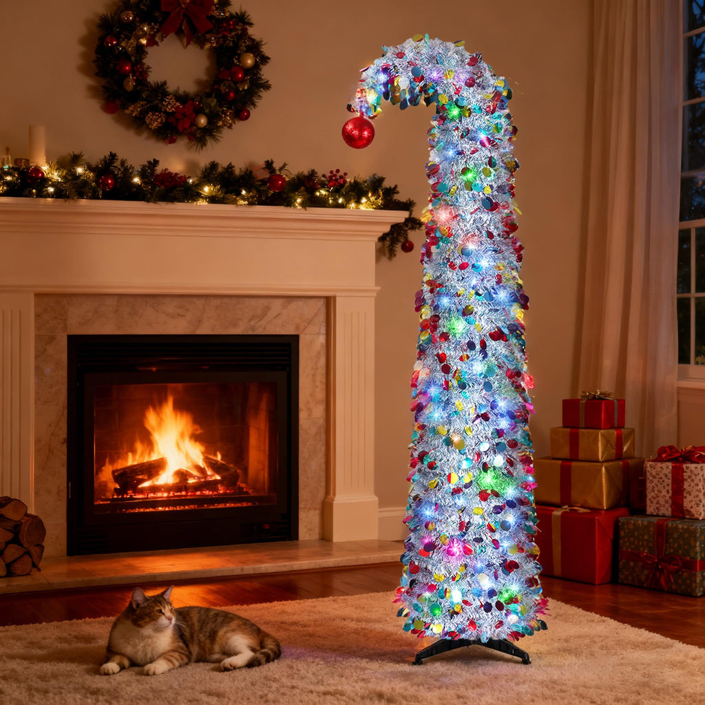 NEXSTRON 5Ft Pop Up Christmas Tree Collapsible with Lights, Easy Pull Up Christmas Tree Foldable with 150 Color Lights, Colorful Silver Pencil Skinny Tinsel Xmas Tree with Storage Box for Apartments