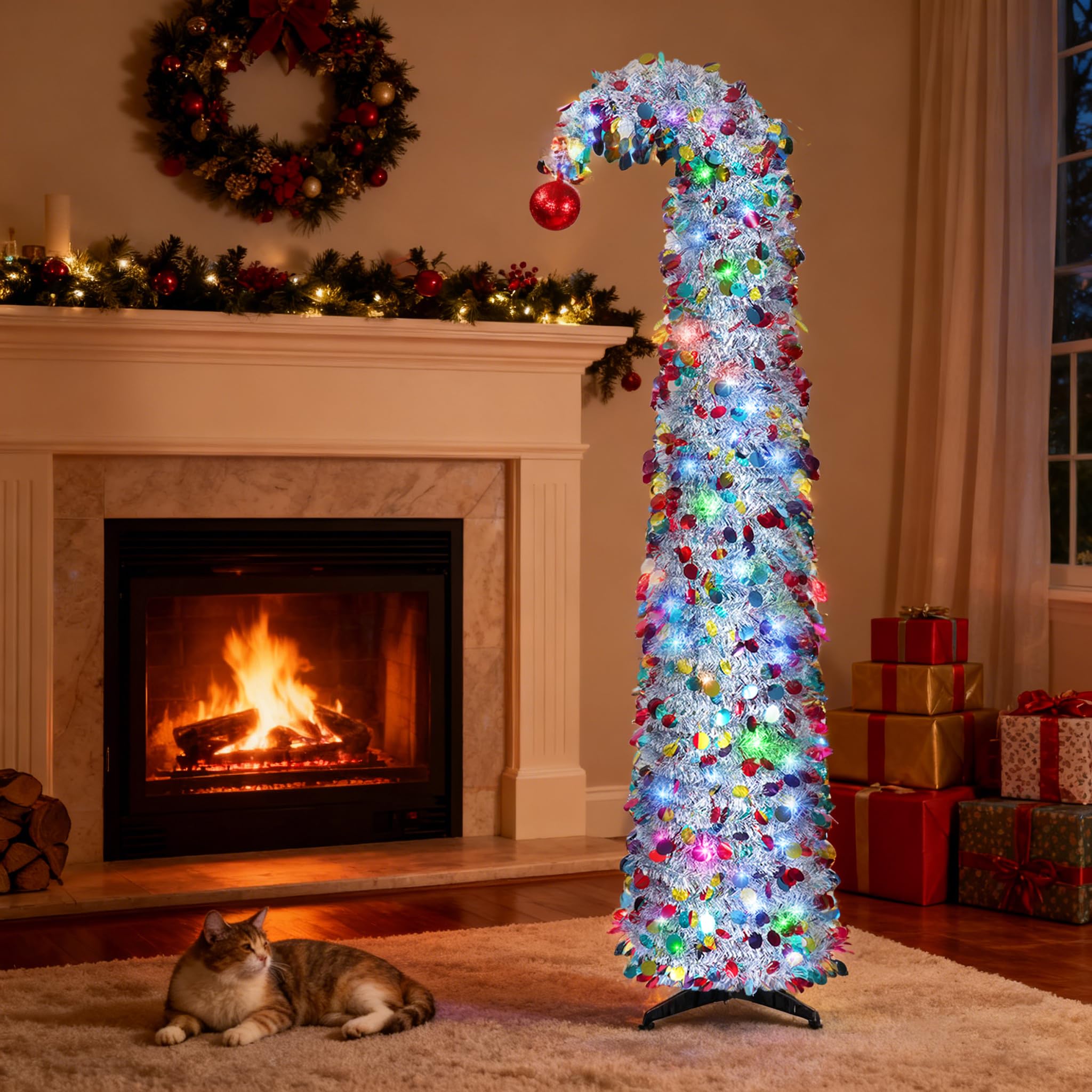 NEXSTRON 5Ft Pop Up Christmas Tree Collapsible with Lights, Easy Pull Up Christmas Tree Foldable with 150 Color Lights, Colorful Silver Pencil Skinny Tinsel Xmas Tree with Storage Box for Apartments
