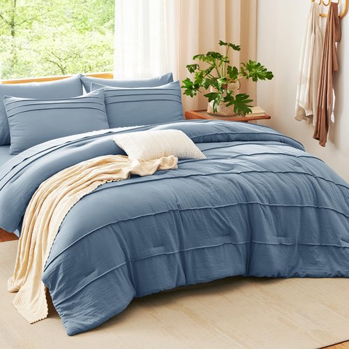 CozyLux Queen Comforter Set Grayish Blue, 7 Pieces Soft Pinch Pleat Bed in a Bag Queen Comforter Set with Sheets, Boho Bed Set with Down Alternative Comforter, Sheets, Pillowcases & Shams