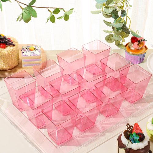 Mifoci 100 Pcs Pink 5 oz Plastic Dessert Cups Appetizer Cups for Parties Mini Square Disposable Dessert Bowls Parfait Bowls for Pudding Fruit Yogurt Ice Cream Mousse