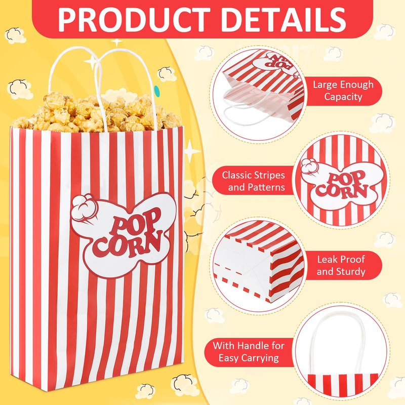 Gersoniel 100pcs 9.84 x 6.89 X2.95 Inch Large Hand-held Popcorn Bag, Classic Striped Popcorn Bag, Flat Bottom Paper Individual Food Tote for Carnival Birthday Movie Night Party Supply(Red and White)
