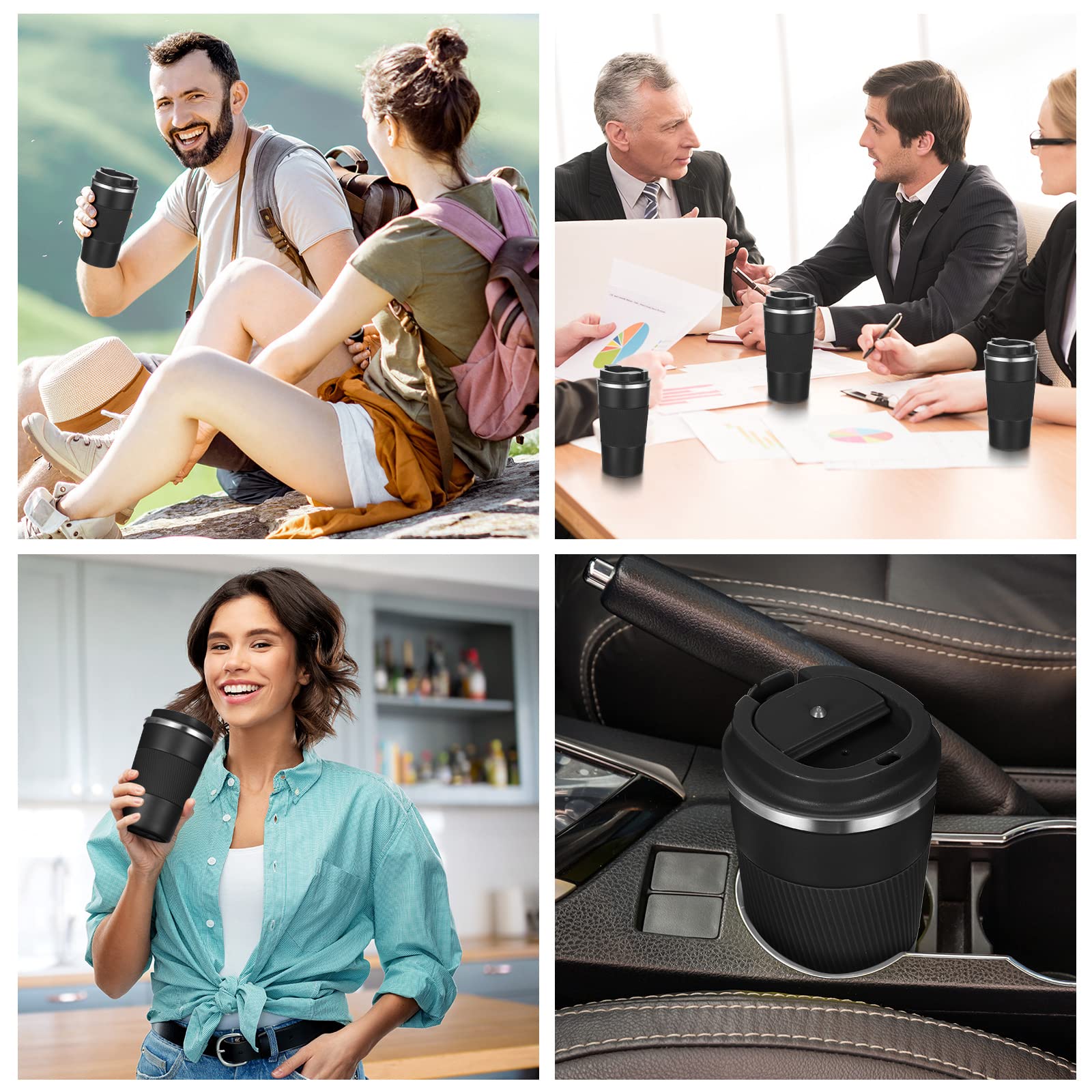 Sabary 4 Pack 16 oz Bulk Travel Coffee Mug with Lid Reusable Vacuum Insulated Coffee Tumbler Double Wall Thermal Stainless Steel Camping Tea Cup for Christmas Winter Drinks Employee Gift(Black)