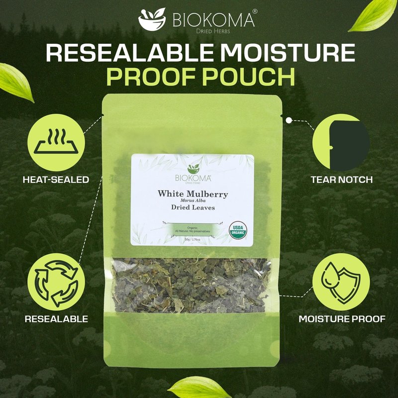 Biokoma Organic White Mulberry Leaf Tea Loose Dried Leaves 1.76oz - Morus Alba Herbal Tea - USDA Organic - Resealable Moisture Proof Pouch - No Additives - No Preservatives - Non GMO - Kosher