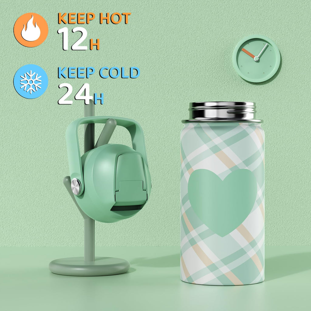 Bevalsa Bento Box for School Kids with Insulated Water Bottle Set - 43oz Lunch Containers Lunchbox Bento Box, 14oz Termos Kids Water Bottle, Lunch Bag for School Girls Kid Student (Green Plaid)