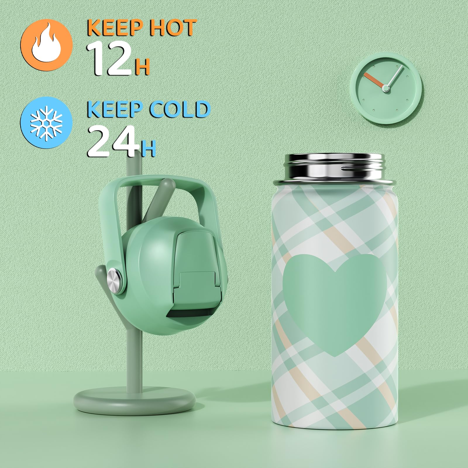 Bevalsa Bento Box for School Kids with Insulated Water Bottle Set - 43oz Lunch Containers Lunchbox Bento Box, 14oz Termos Kids Water Bottle, Lunch Bag for School Girls Kid Student (Green Plaid)