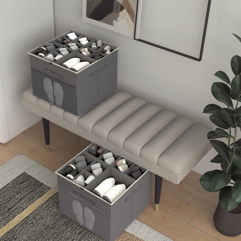 ZLLZUU Shoe Organizer for Closet,2 Pack Foldable Shoe Storage Box with Adjustable Dividers and Clear Cover, Fabric Shoe Storage organizer Bin with Mesh Pockets,Fits up to 16-32 Pairs,Grey