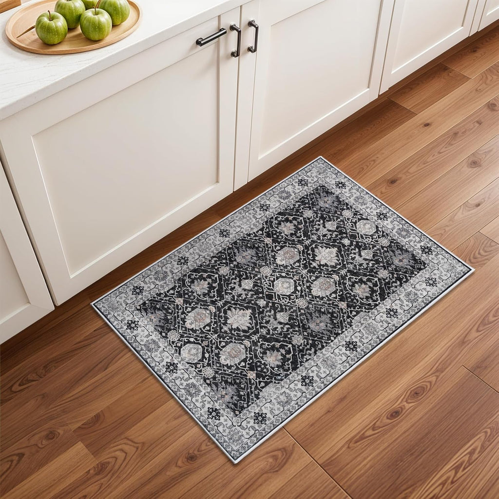 Skiennix Washable 2x3 Entryway Area Rug - Vintage Soft Non-Slip Backing, Water-Resistant Carpet (Black)