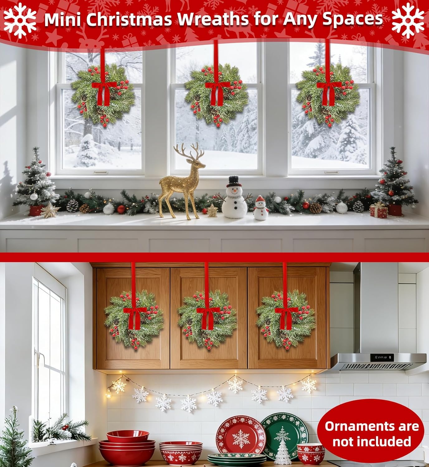 Skiennix 4 Pcs Christmas Candle Rings - Flocked Pine & Red Berry Decor for Holiday Centerpieces