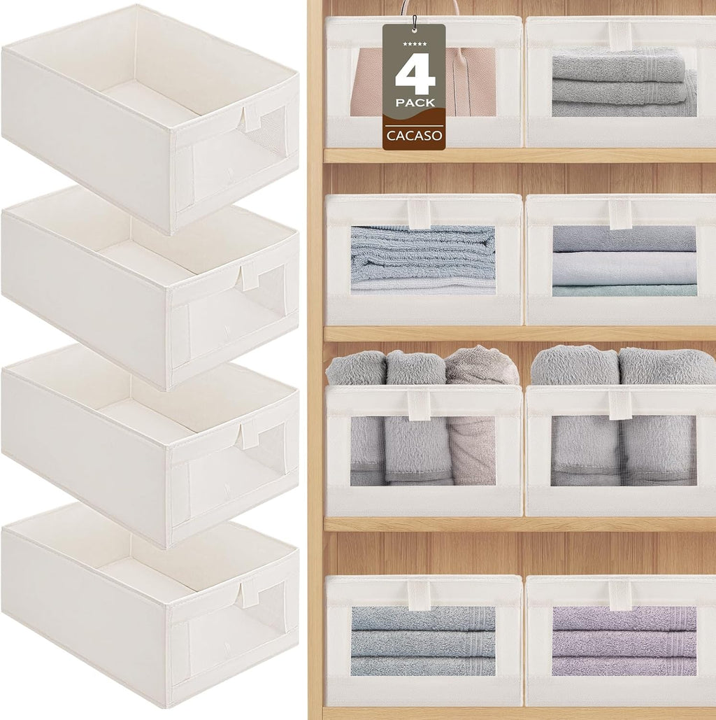 Skiennix 4 Pack Closet Organizer Bins - Foldable Linen Storage Baskets with Window | Beige