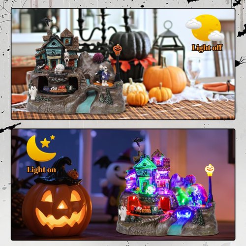 DREAM GARDEN Halloween Village Collection, Lighted Spooky Haunted House with Animated Train and Scary Sound Halloween Collectible Bulidings with Skull, Pumpkin, Ghost for Holiday Party Tabletop Decor