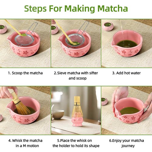 Matcha Whisk Set Pink,Cute Ceramic Matcha Kit Includes Matcha Bowl,Bamboo Whisk and Holder, Scoop Rest,Sifter and Tea Towel,Mini Matcha Can,Gifts and Ceremony Set for Macha Lovers.(Pink)