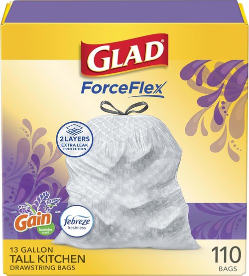 Glad ForceFlex Tall Kitchen Trash Bags - 13 Gallon, Gain Lavender Scent with Febreze - 110 Count