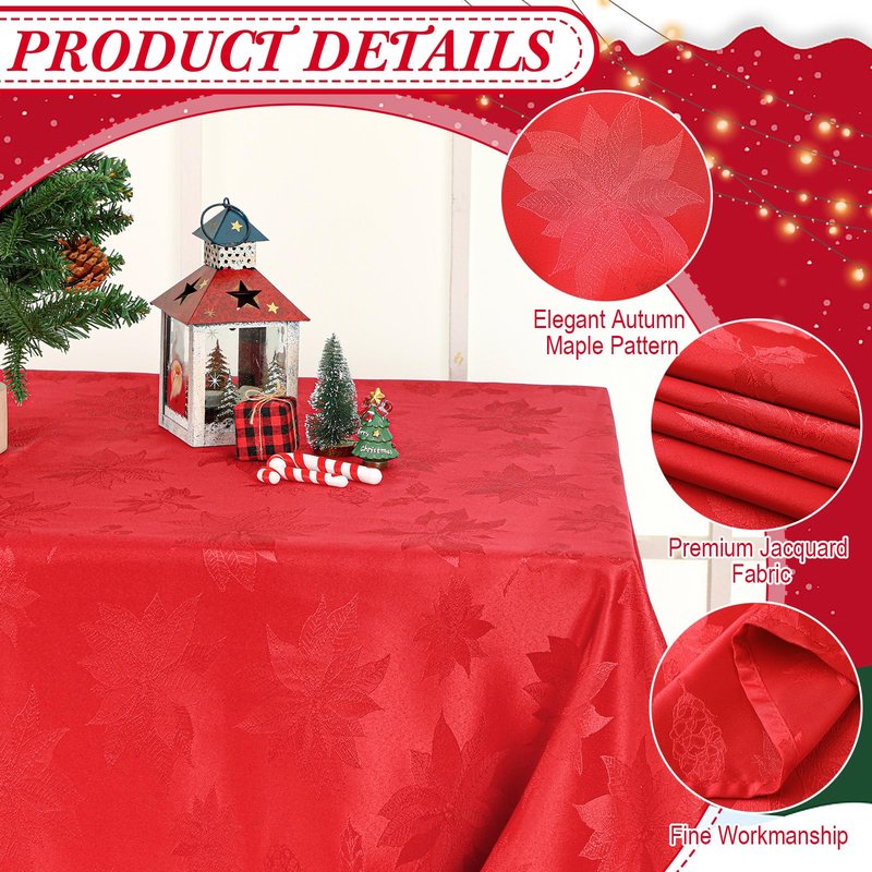 Tegeme Christmas Poinsettia Red Tablecloth Rectangular Reusable Holiday Damask Fabric Table Cloth Jacquard Washable Polyester Spillproof Table Cover for Dinner Xmas Decor(60 x 104 Inch)