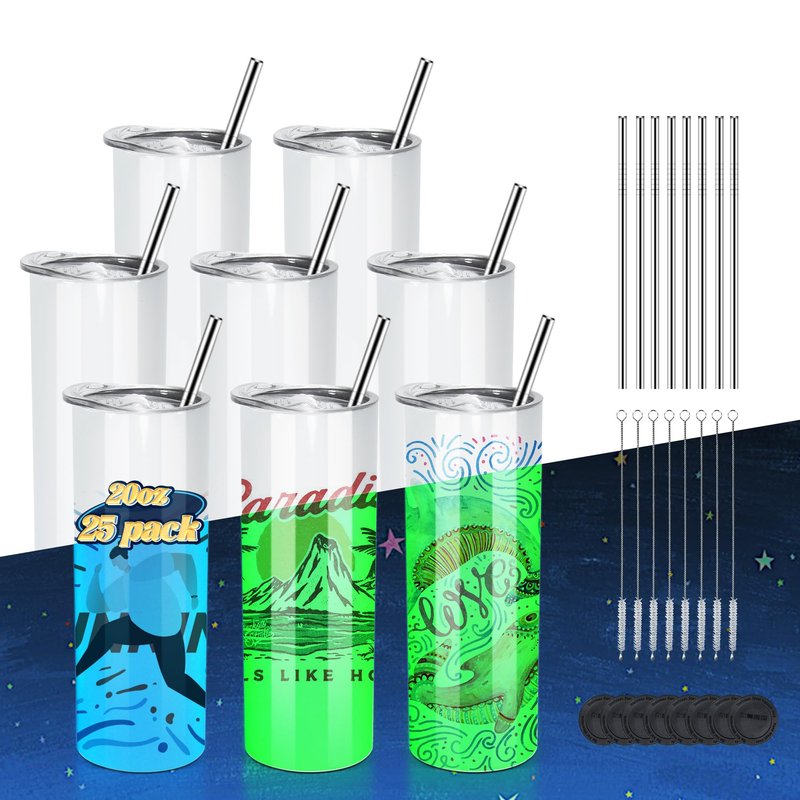AGH 8 Pack Sublimation Tumblers Glow in the Dark,20 oz Double Wall Vacuum Insulated Luminous Skinny Tumbler with Straw and Lid for Cold and Hot Drinks,White to Blue and White to Green