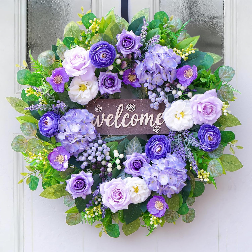 Regine Switzerland 24-Inch Spring Wreath - Luxury Purple Floral Design with Welcome Sign for Front Door Decor