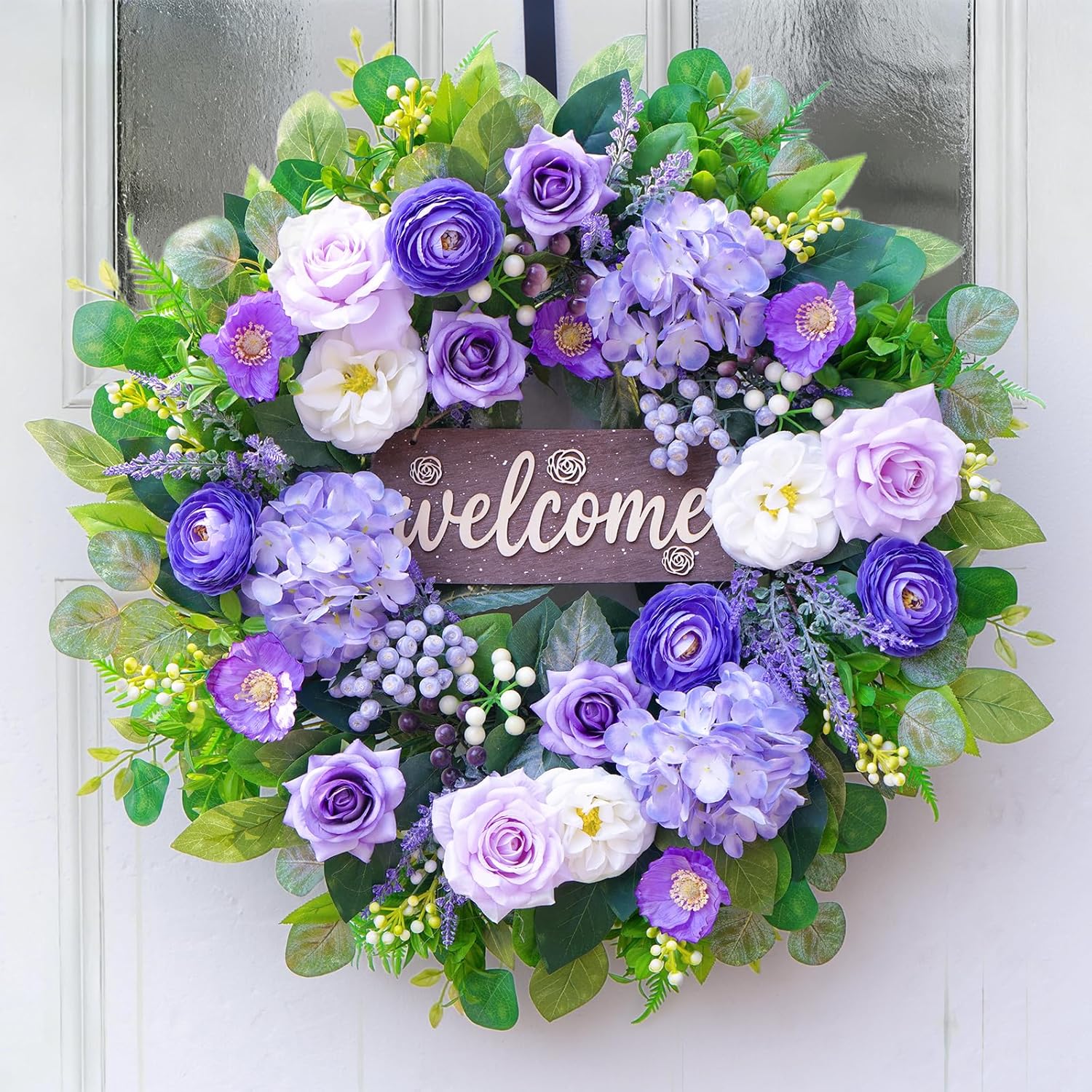 Regine Switzerland 24-Inch Spring Wreath - Luxury Purple Floral Design with Welcome Sign for Front Door Decor