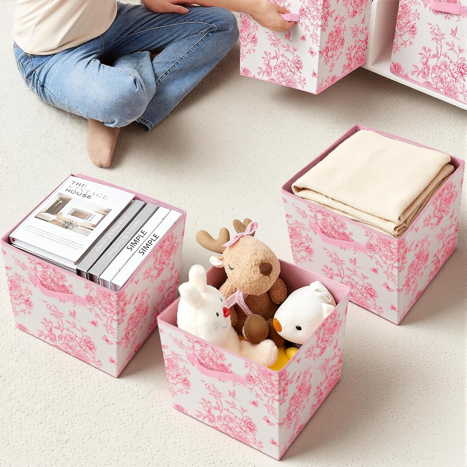 Skiennix Pink Floral Cube Storage Bins - 6 Pcs 12.5 Inch Collapsible Organizer Baskets for Home & Office