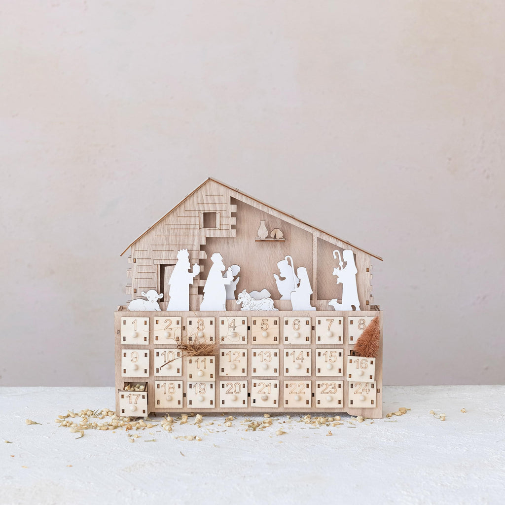 Creative Co-Op Wood Laser Cut Nativity Advent Calendar with LED Light and Drawers, Natural