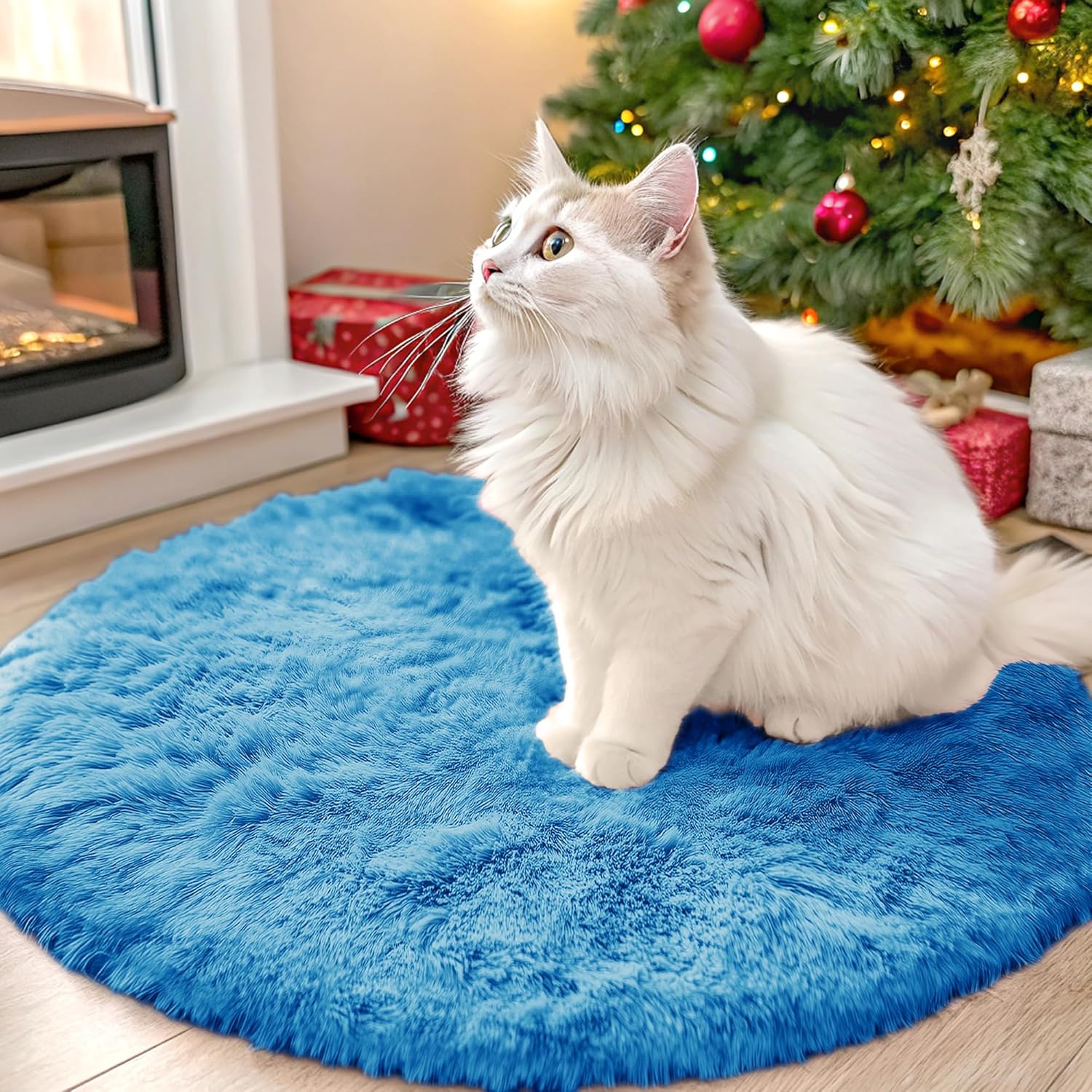 OLANLY Bright Blue Round Rug - Soft, Fluffy Shaggy Carpet | 2 ft Machine Washable Area Rug for Bedroom & Living Room