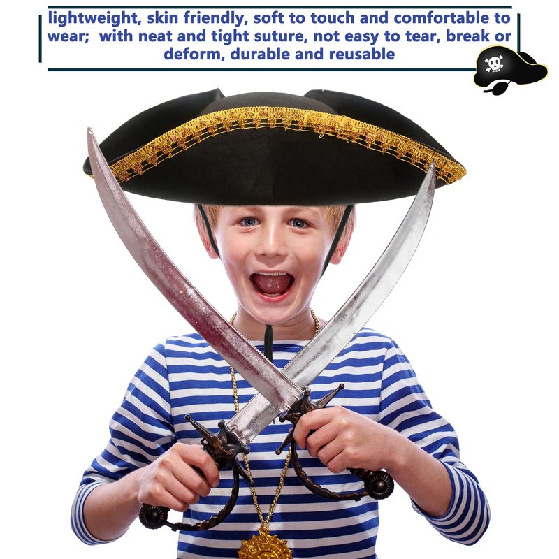 SGBETTER 8 Pack Felt Pirate Tricorn Hat Black Buccaneer Hat with Gold Trimming for Halloween Masquerade Party Role Play Outfit Accessories