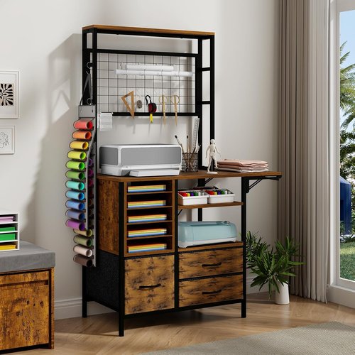 ARTETHYS Craft Table - Brown Storage Cabinet with Drawer & Fold-Out Desk for Craft Room