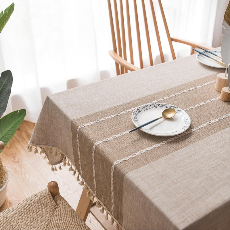 Sutuo Home Boho Cotton Linen Embroidery Table Cloth with Tassel, Tablecloths for Long Rectangle Table, Water Resident Tablecloth for Dining Room Patio Party Oblong, Coffee 55''x 120'', 10-12 Seats