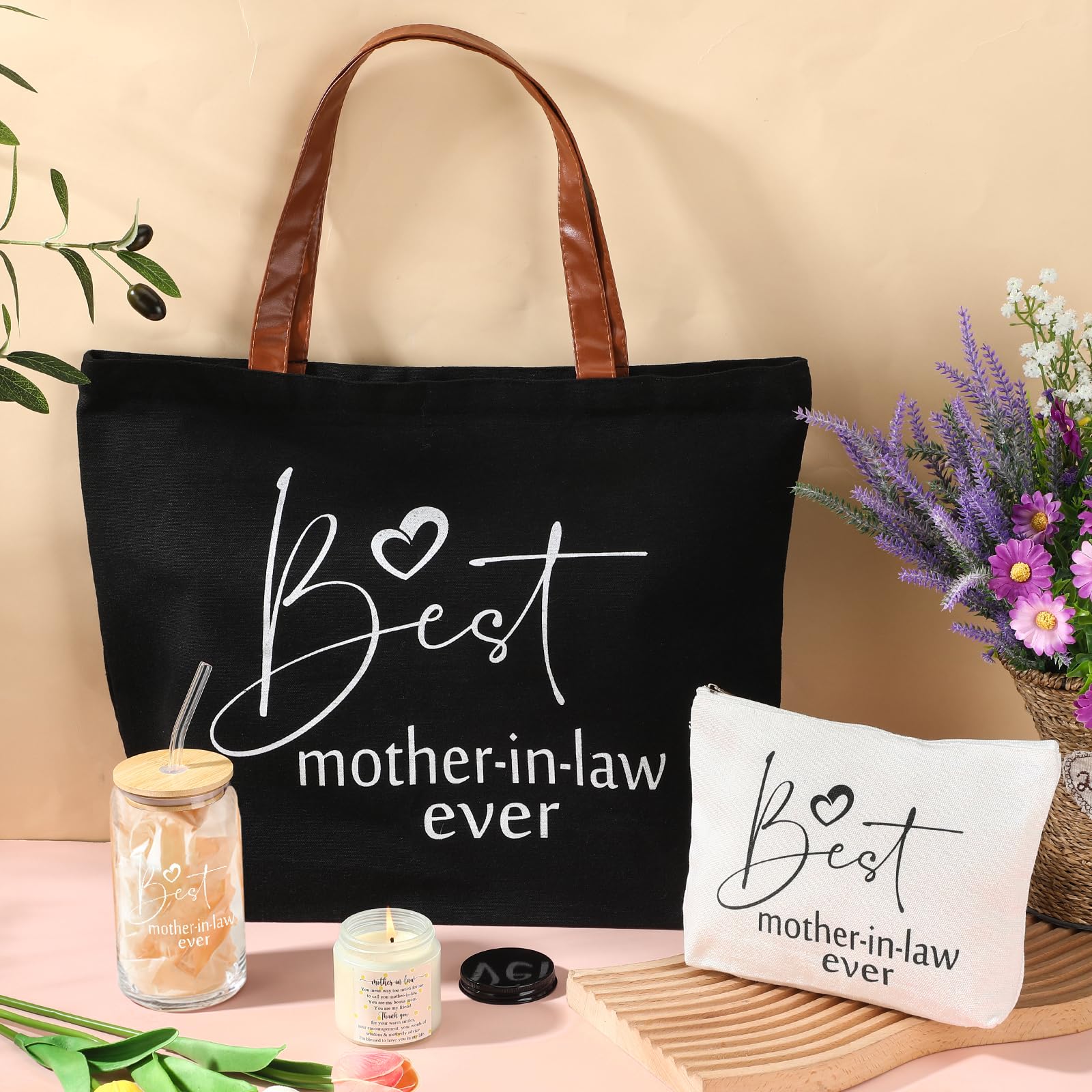 SilTriangle 4 Pcs Mother in Law Gifts Best Mother in Law Ever Gift Include 16 oz Glass Cup with Lid and Straw Tote Bag Makeup Bag 3. 5 oz Scented Candle Mom Birthday Present from Daughter Son(Black)