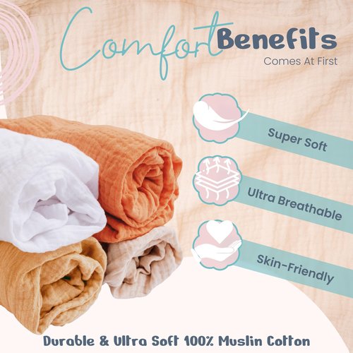 100% Muslin Changing Pad Cover Ultra Soft 120GSM Baby Changing Pad Covers for Girls and Boys - Easy wash Diaper Changing pad Cover with Low Shrinkage (4 Pack - White/Beige/Caremal/Retroyellow)