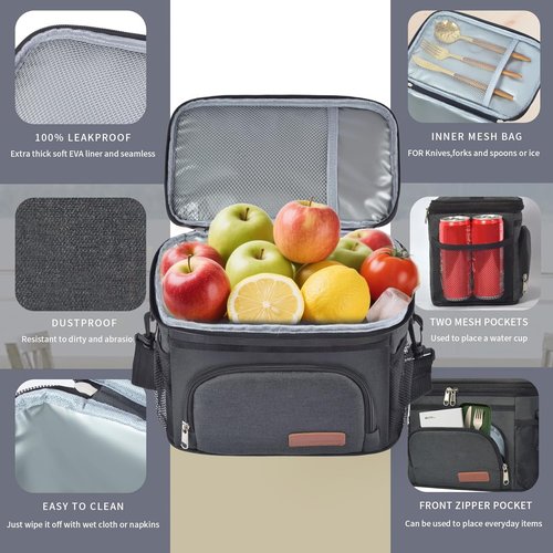 ExtraCharm Insulated Lunch Bag - Leakproof Cooler Tote for Office, Picnic, Hiking | Adjustable Strap - Black