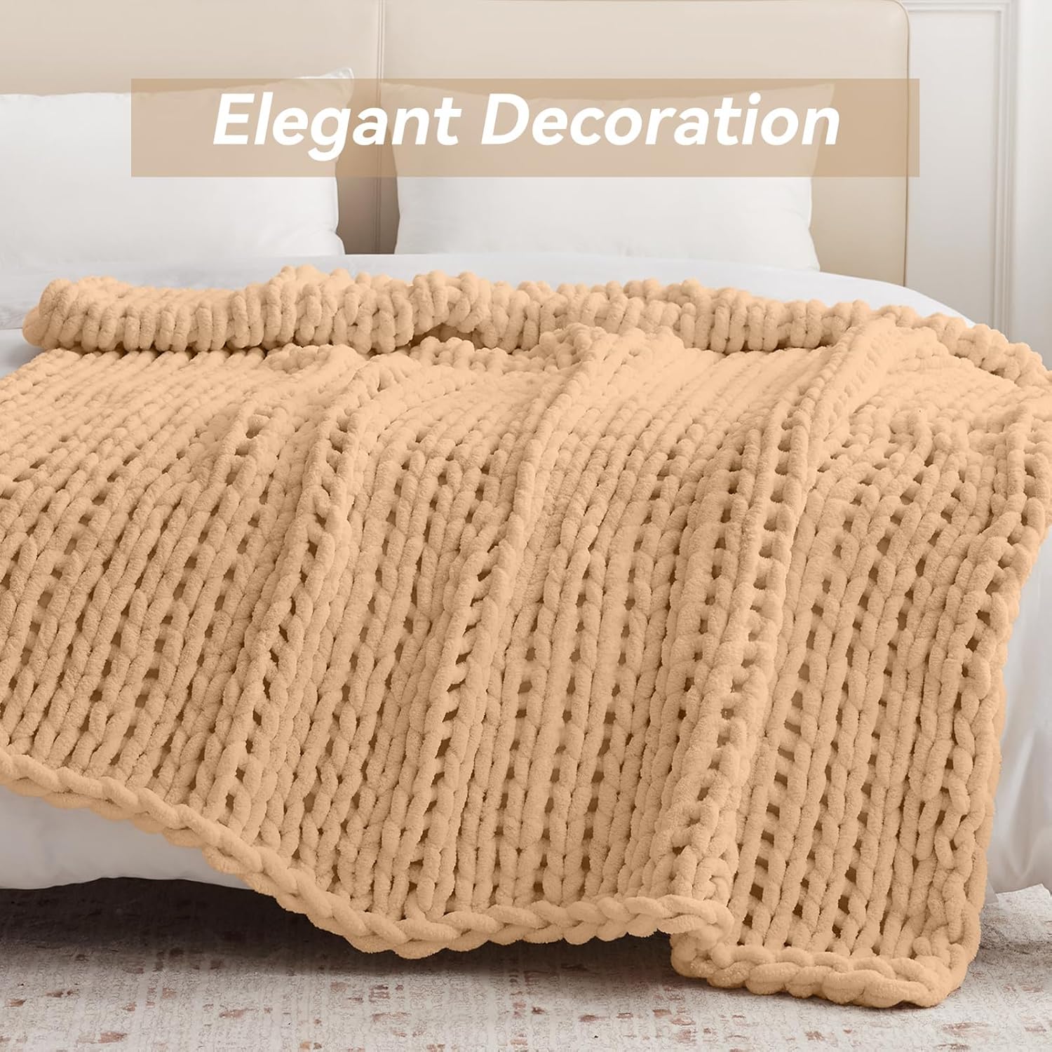 Negwoo Chunky Knit Throw Blanket - Handmade Beige Chenille Yarn | Cozy 30'' x 40'' Machine Washable Decor