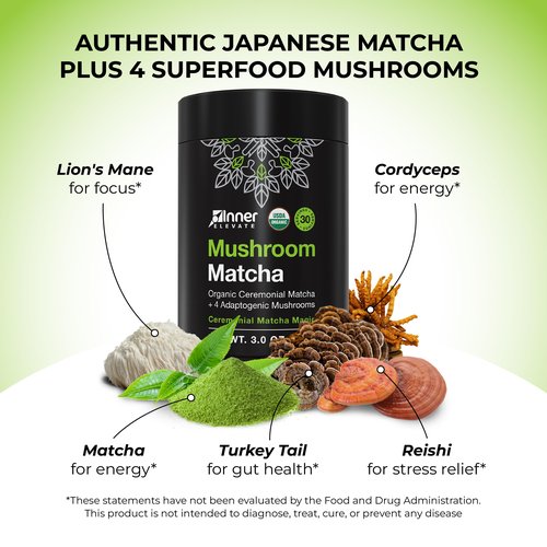 Inner Elevate Mushroom Matcha - Organic, Ceremonial-Grade Matcha Powder with 4 Superfood Mushrooms - Adaptogenic Mushroom Tea Drink with Lion's Mane, Cordyceps, Turkey Tail, Reishi (30 Servings)