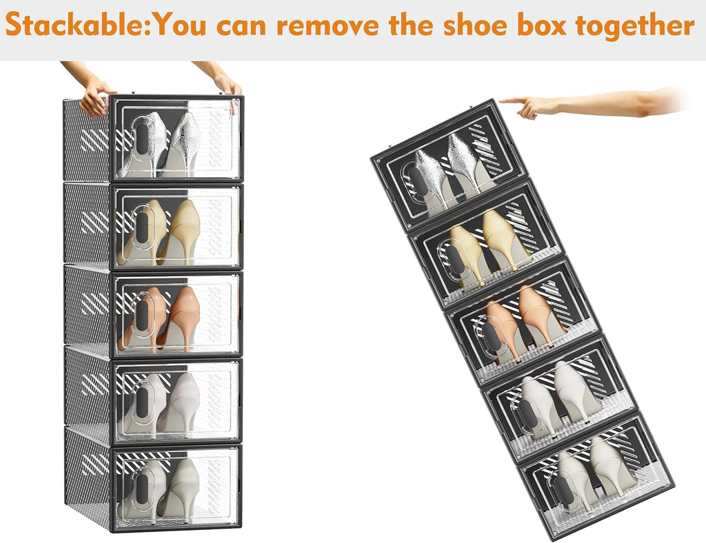 SIMPDIY Shoe Organizer - 12 Pack Clear Plastic Stackable Shoe Storage Containers | Size 10, Black