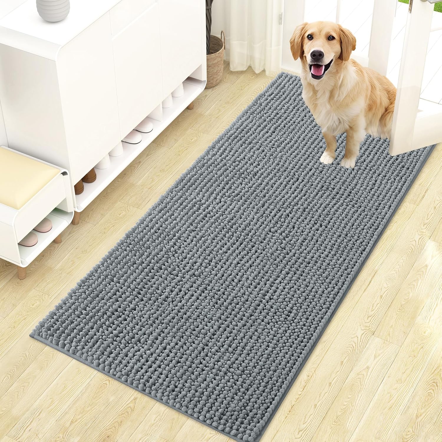 OLANLY Dog Door Mat - Ultra Absorbent Chenille Mud Doormat | Non-Slip, Washable, 47x24, Grey