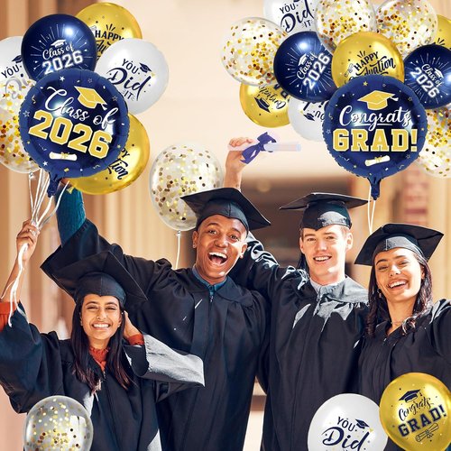 Graduation Decorations 2026 - Skiennix Navy Blue & Gold Balloons Set | 51Pcs Latex & Foil with Confetti Ribbons