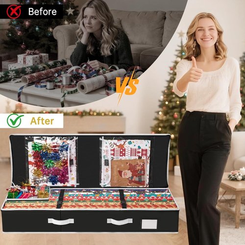 Criusia Gift Wrapping Paper Organizer - Durable Underbed Storage for 24 Rolls with Removable Dividers & Pockets | Black