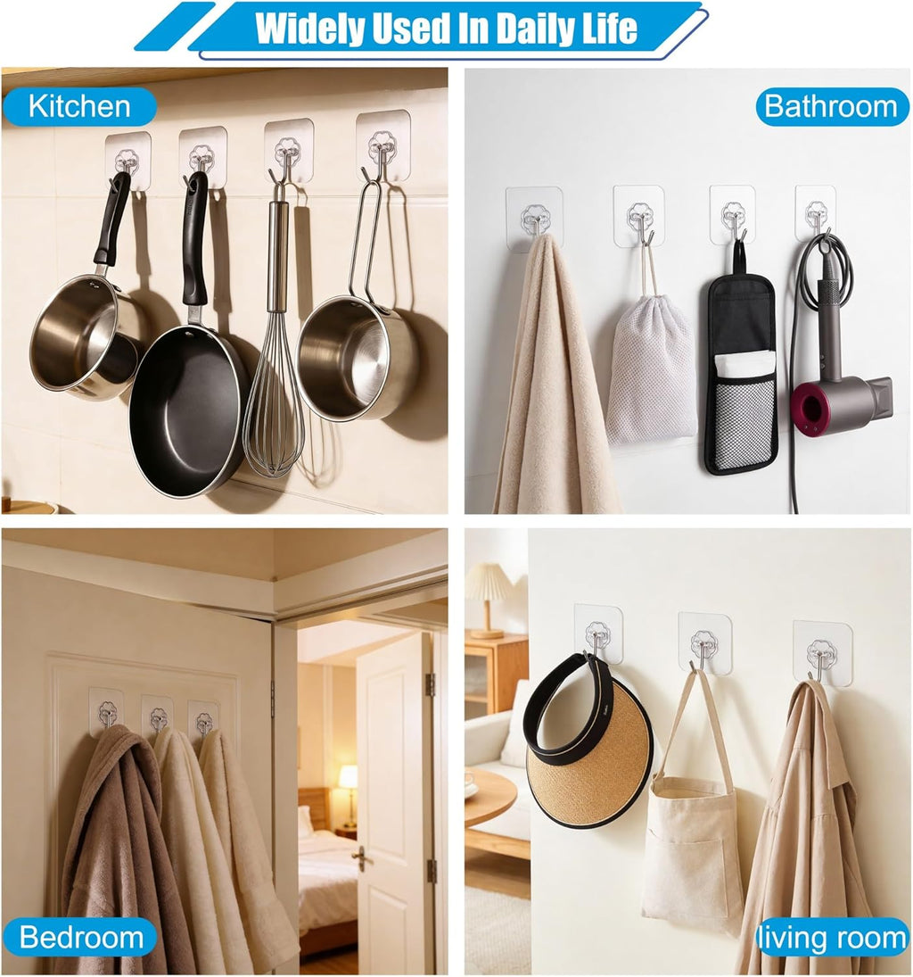 10 Pack Heavy Duty Self-Adhesive Wall Hooks by [Brand Name] - Transparent, Waterproof & Oilproof, Holds 33lbs for Bathroom & Kitchen