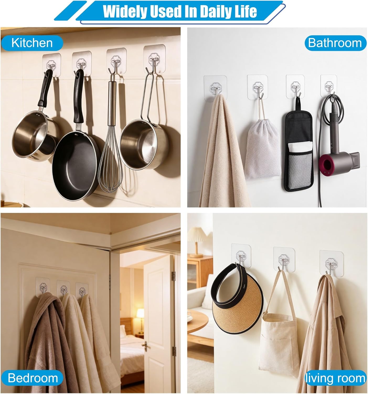 10 Pack Heavy Duty Self-Adhesive Wall Hooks by [Brand Name] - Transparent, Waterproof & Oilproof, Holds 33lbs for Bathroom & Kitchen