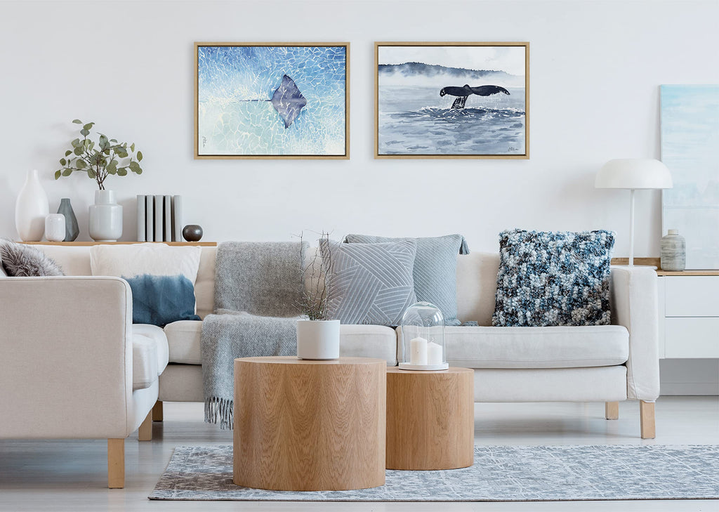 Kate and Laurel Sylvie Stingray Framed Canvas Wall Art by Julie Maida; 18x24 Natural; Scenic Ocean Water Wall Decor Art